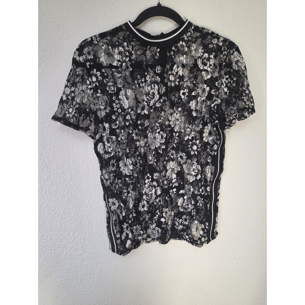Laundry by Shelli Segal Sheer Floral Blouse M Black White Short Sleeve Top